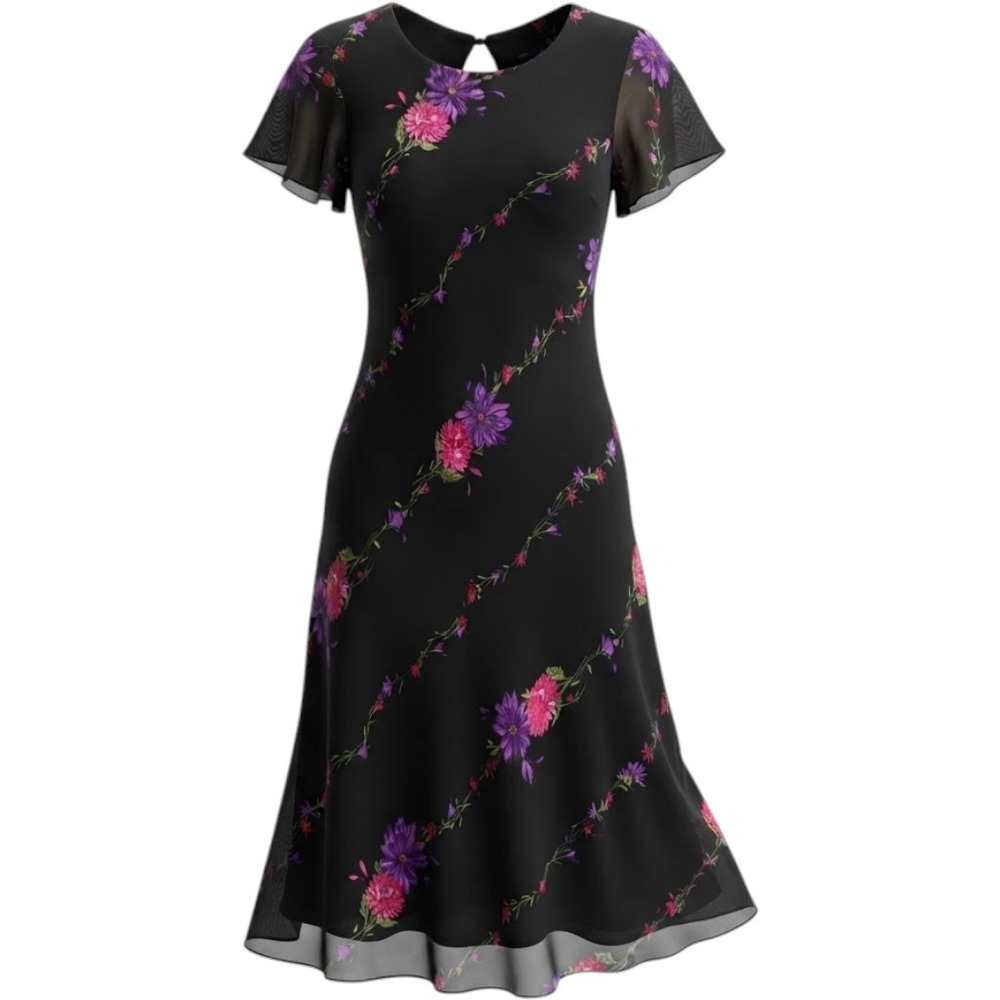 Talbots Petites Black Floral Vine Flutter Sleeve Midi Dress Size 14P